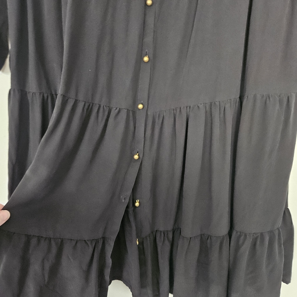 Sezane Aura Black 100% Silk Tiered Mini Dress Button Front Size 44/L - Picture 7 of 9